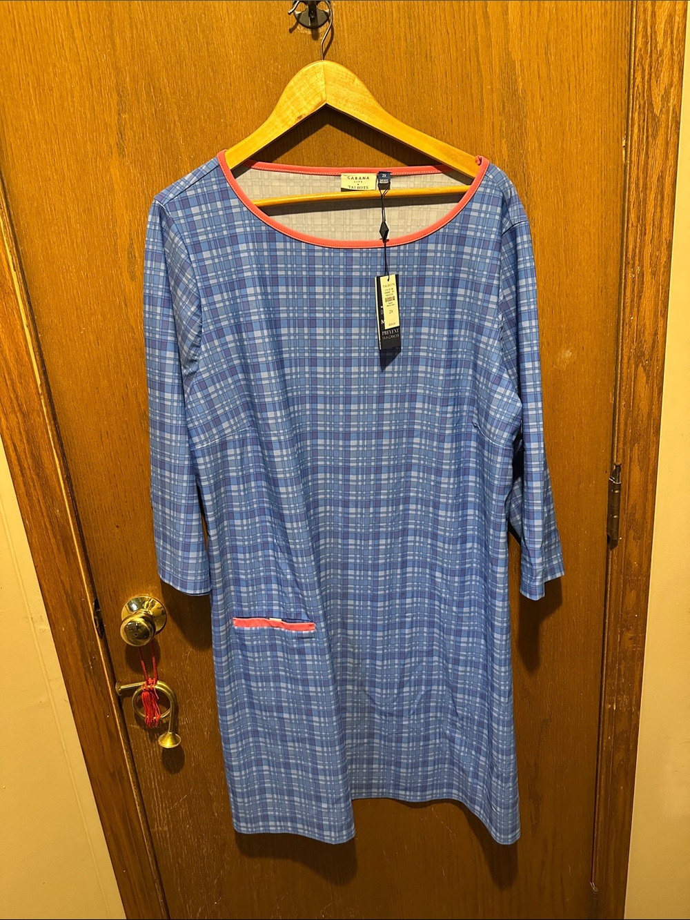 Talbots Blue Plaid Midi Dress with Pink Trim